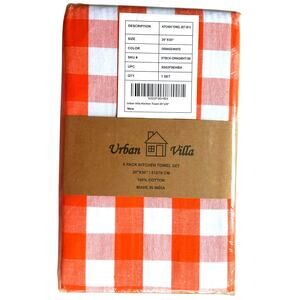 Urban Villa Kitchen 6 Towel Set Orange Buffalo Check New in Pk
